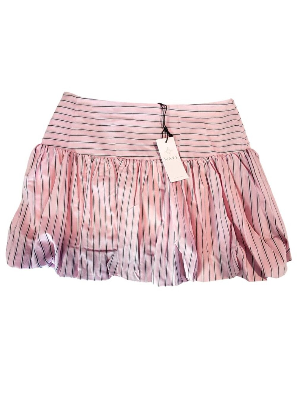 WAYF Pink & White Striped Mini Skirt Size L Elastic Waistband  Ruffled hemline - Picture 2 of 9